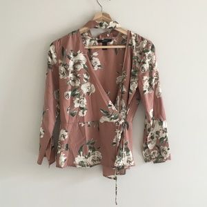 Purple Floral Wrap Shirt W/ Attached Choker
